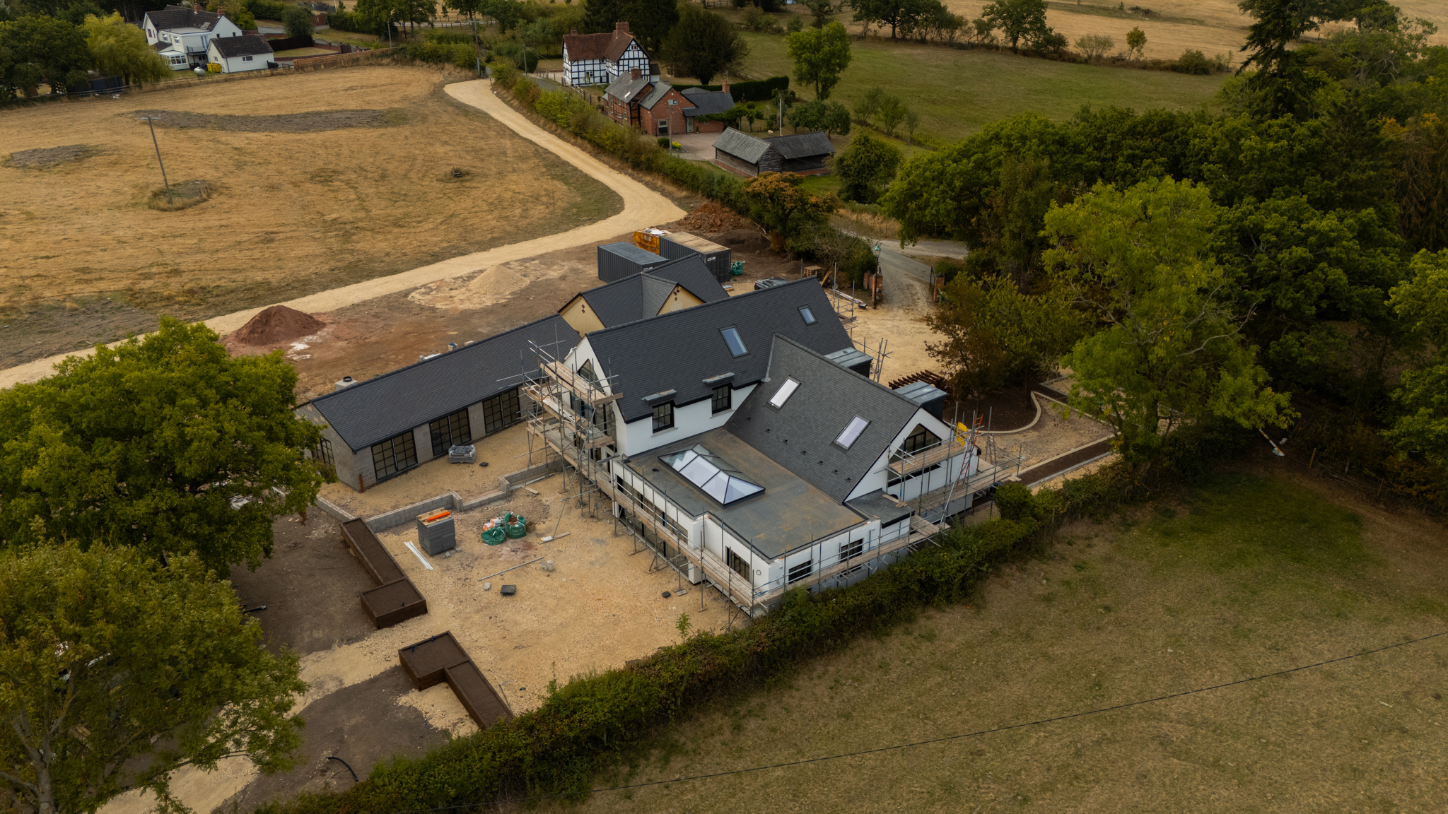 Aerial drone view of an Artico Projects new-build in rural Worcestershire